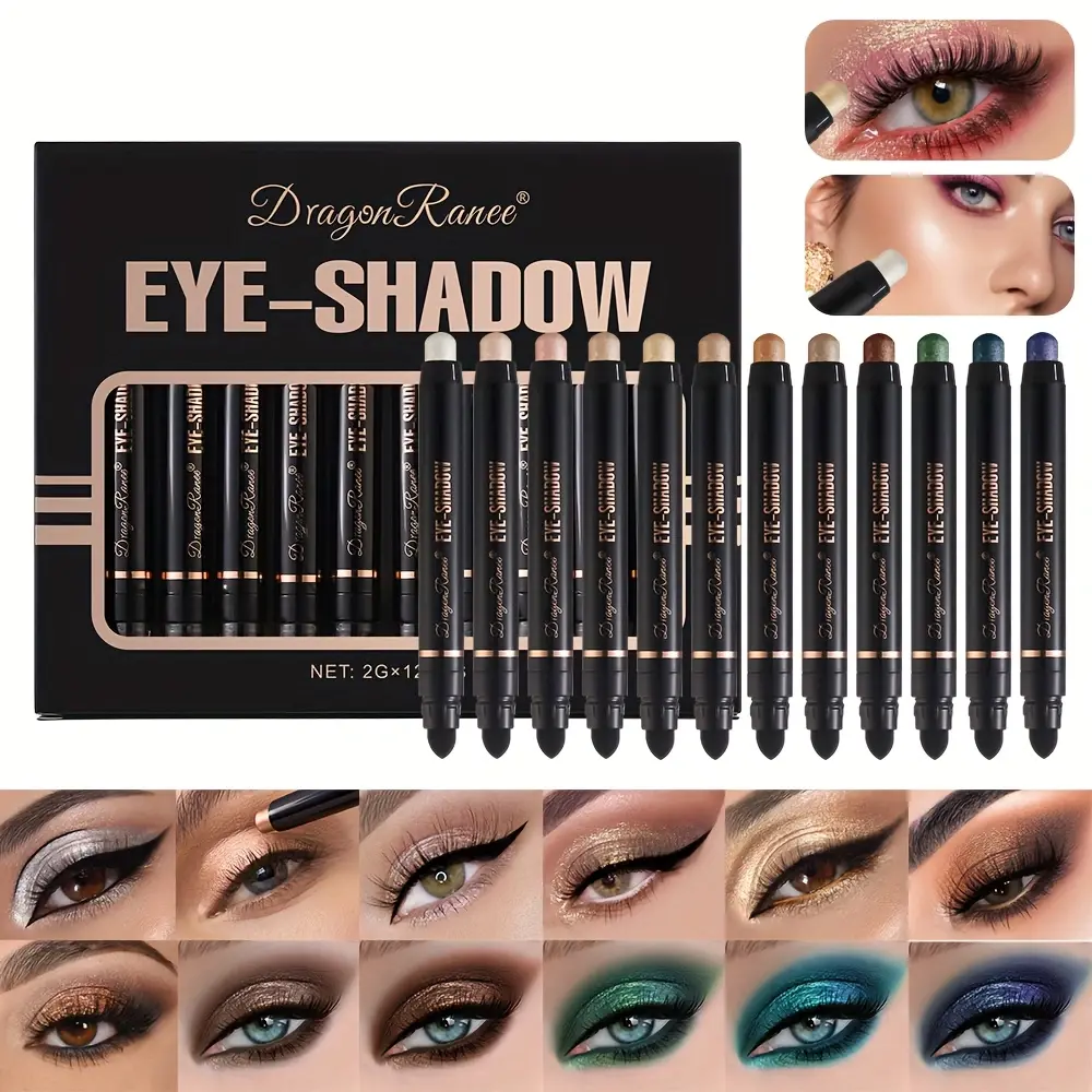12-piece double-ended eyeshadow sticks and eyeliner pen set Glittery and soft eyeliner pen Long-lasting waterproof and non-tarnishing Comes with a brush Essential eyeshadow sticks for the makeup stage Multi-color matte cream makeup product Makeup set