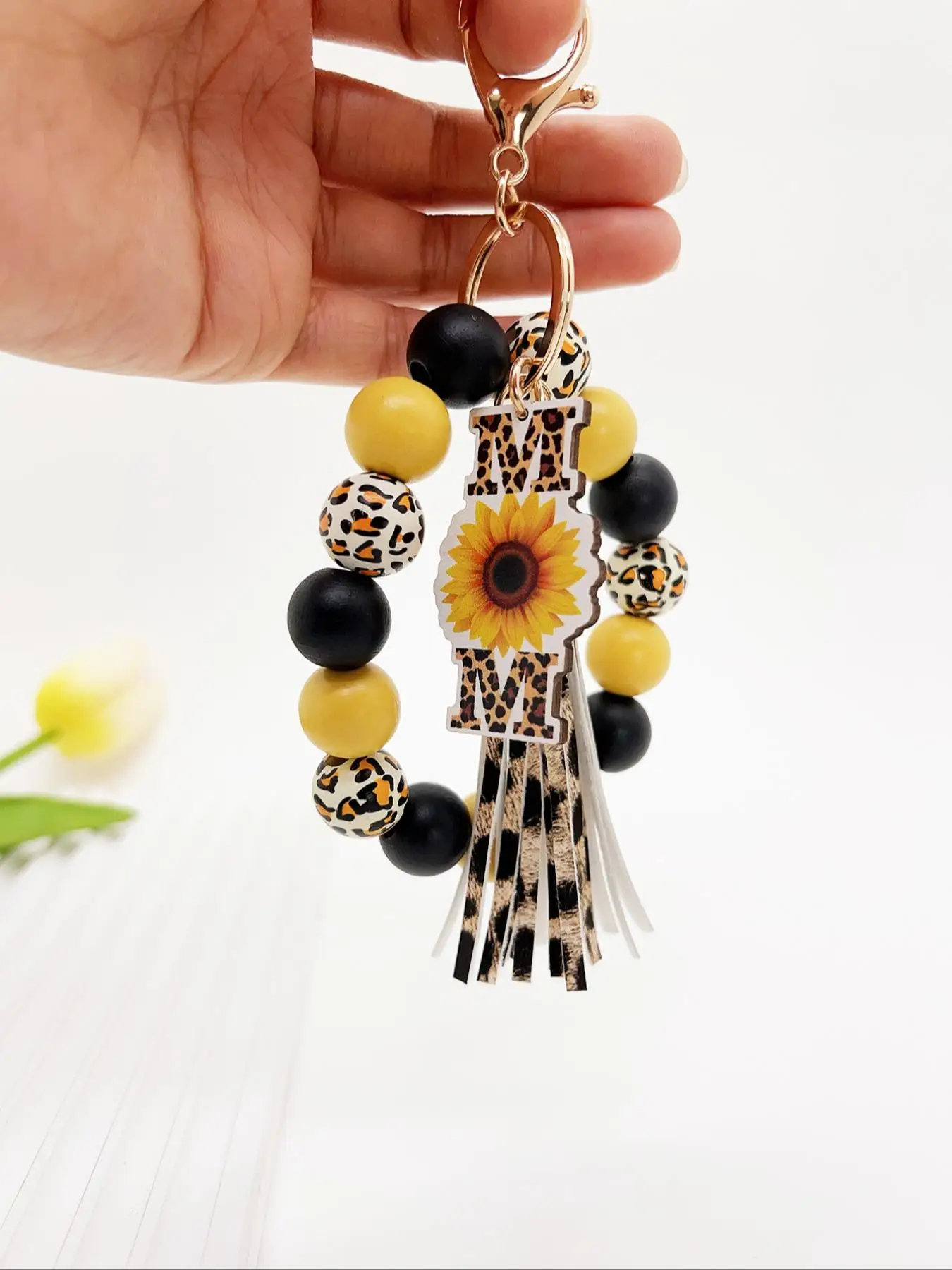 Boho Style Leopard Print Beaded Tassel Keychain, Fashionable Sunflower & Letter Design Keychain for Women & Girls, Trendy All-match Keychain for Birth
