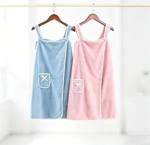 2Pack Pink & Blue Wearable Bath Wrap Towel Soft Coral Fleece Halter Bath Dress Absorbent Women Shower Robe Wrapable Bath Skirt for Home Spa Bathroom Bath Towel