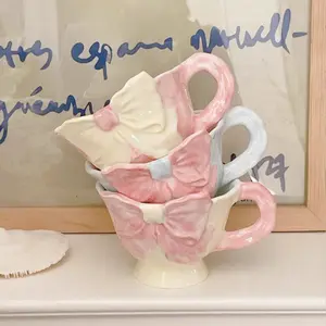 Hand-Painted Bowknot Ceramic Coffee Mug, 180ML Flat Handle Cup for Cafe Latte, Office Milk Glass, Holiday Gift, Tea Time Decor, Ceramic Mugs, Coffee Cups, Coffee Drinkware