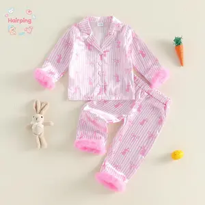 2Pcs Easter Pajamas Sets for Girls Long Sleeve Lapel V Neck Button Down Bunny Bow Print Tops and Elastic Waist Pants
