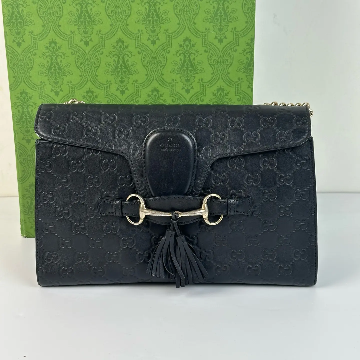 Pre-owned GUCCI Black GG Embossed Calfskin Horsebit Tassel Flap Chain Crossbody Shoulder Bag