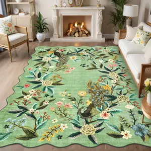 Fan-shaped Washable Peacock Print Rug Modern Floral Design Anti-Slip TPE Backing Soft Non-slip Large Size Foldable for Bedrooms Dining Rooms Playrooms Apartments Laundry Rooms Offices carpet floor decor