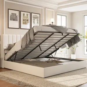 [Memorialday]AMERLIFE Lift Up Storage Bed Frame, Linen Upholstered Platform Bed with Vertical Channel Tufted Headboard and Wingback, Hydraulic System, No Box Spring Needed,Best Gift Ideas/Christmas Gifts, Sturdy Bed Frame, Modern Platform Bed