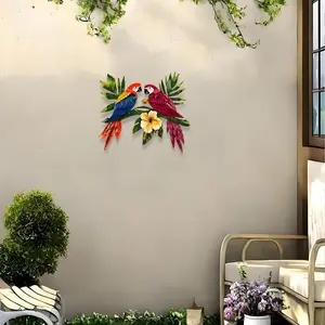 Parrot Tropical Wall Art Decoration Artwork, Iron Bird Wall Decor Outdoor Garden Patio Fence Home Kitchen Balcony, Indoor Outdoor Hanging Sculpture Tropical Parrot Design