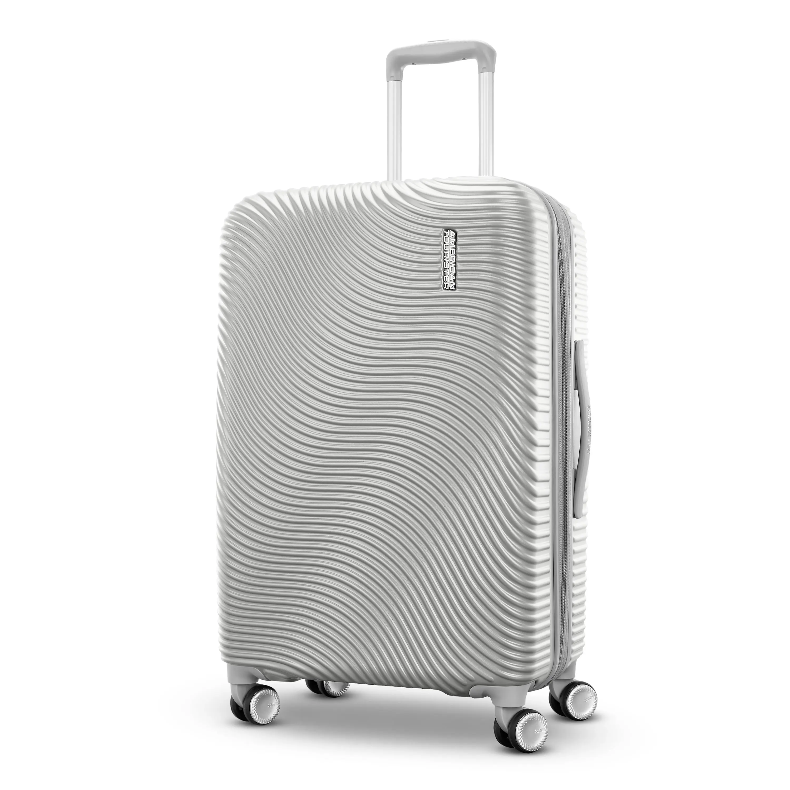 American Tourister Color Waves Medium Checked Expandable Luggage Suitcase with Spinner Wheels, Silver