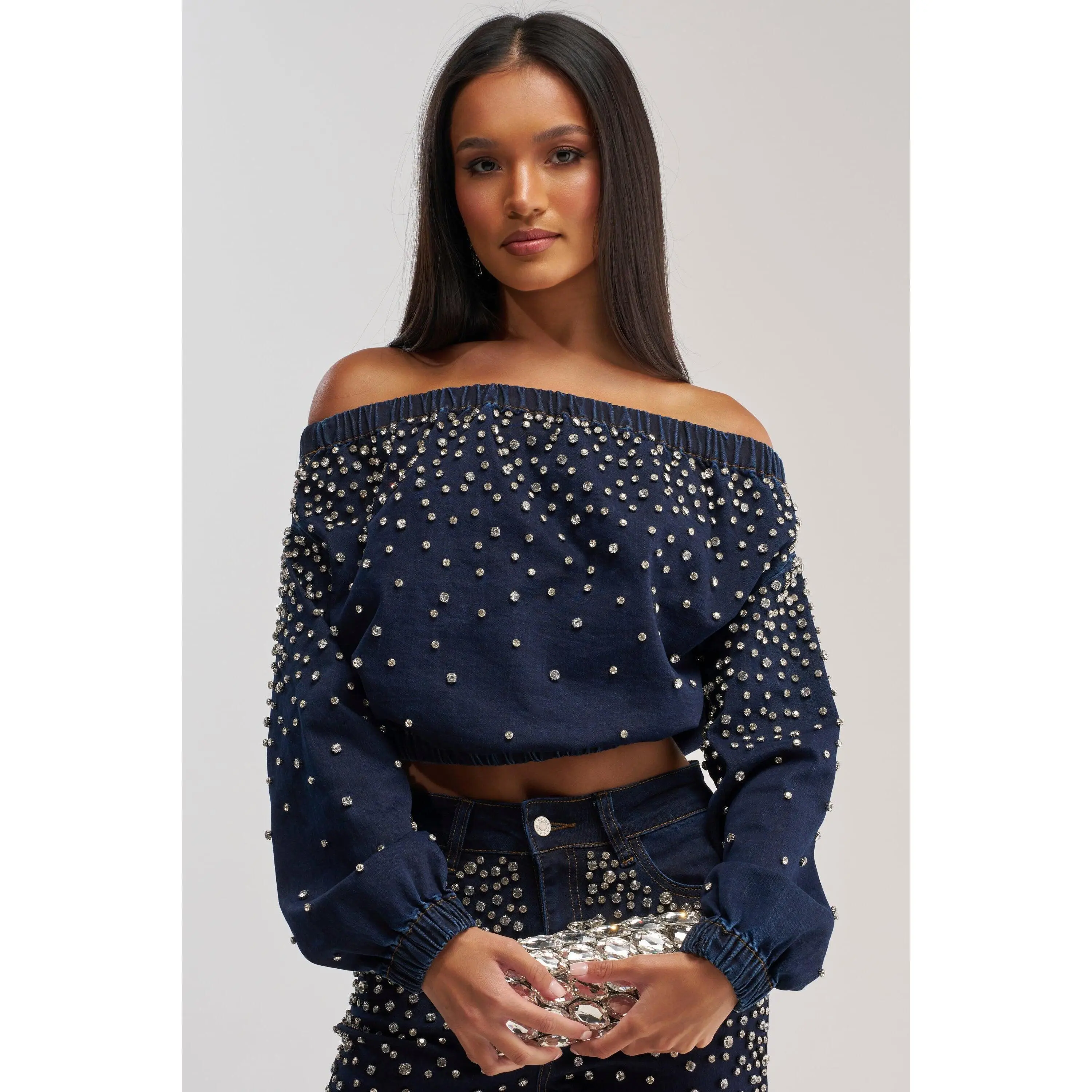 SPARKLE SPARKLE EMBELLISHED DENIM SWEATSHIRT