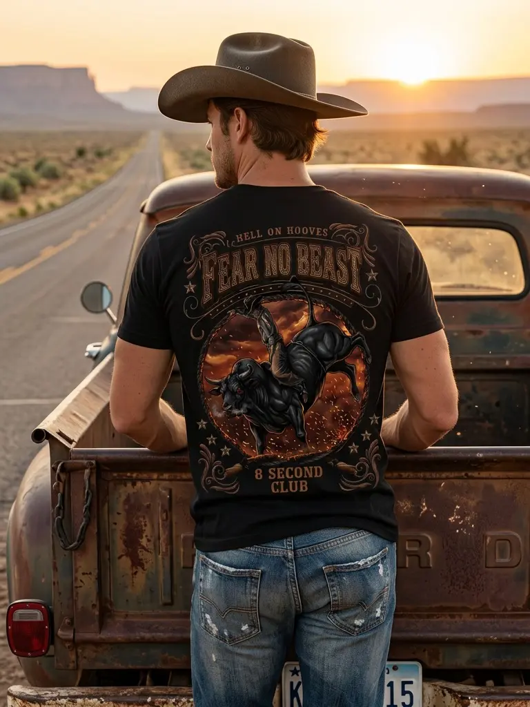 Men's Western Vintage Cowgirl Rodeo Bull Riding Graphic Rodeo Bull Riding Vintage Graphic Casual Cotton T-Shirt