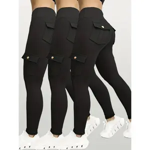 3pcs Women's High-Waisted Yoga Pants with Hip Lift & Pockets - 90% Polyester 10% Elastane Stretchy Workout Leggings