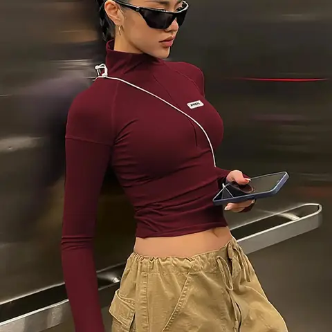 Women's Plain Letter Patched Stitch Zipper Crop Tee, Athleisure Tee, Activewear T Shirt, Casual Trendy Mock Neck Tight Sleeve Top For Daily Wear, Ladies Spring & Fall Clothes, Athletic Fashion Tops