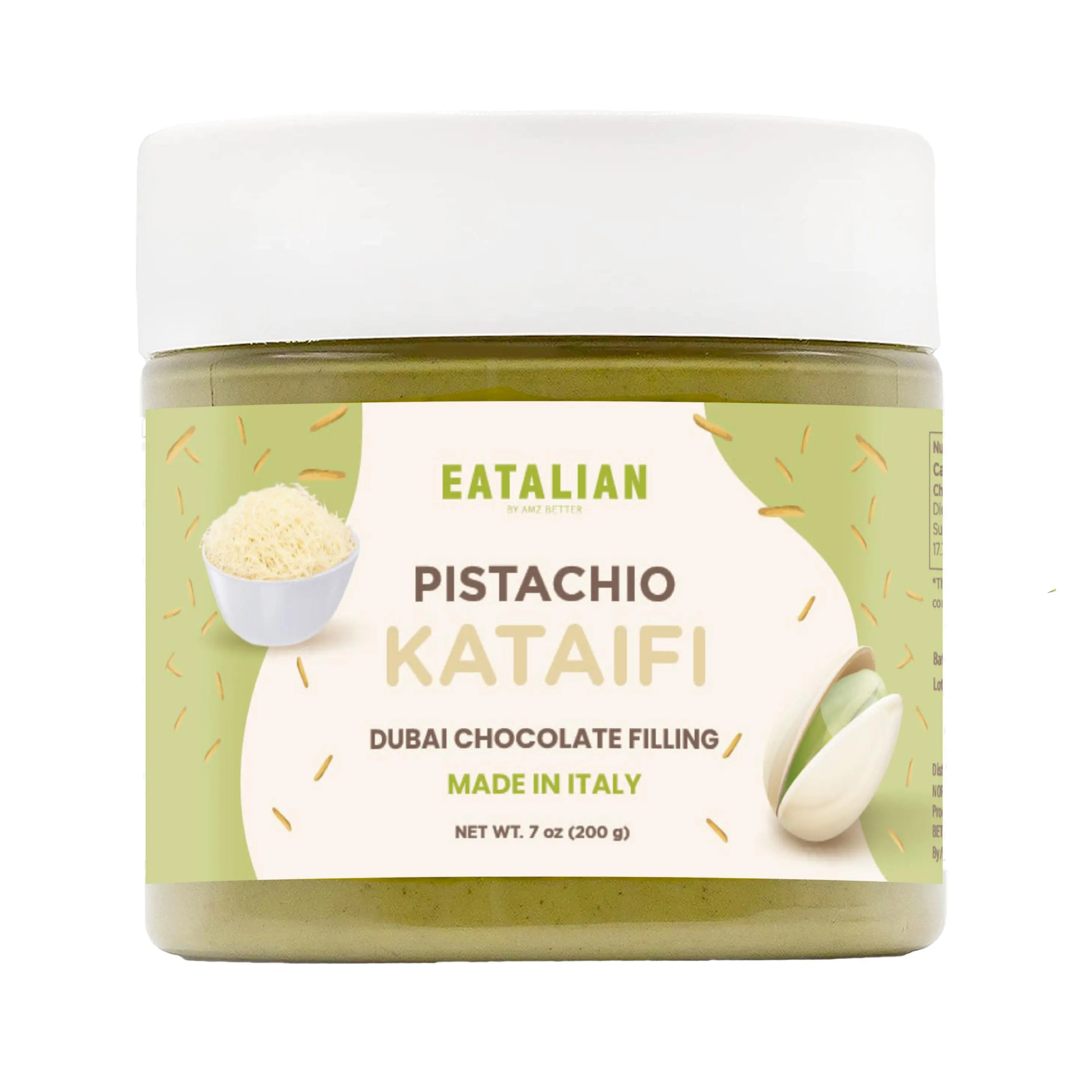 EATALIAN by AMZ BETTER Pistachio Cream with Kataifi, 7oz/200 gr, Spreadable Pistachio Paste, Sweet and Unique Taste, Ideal on Bread, for Cakes, Dessert, Ice Cream, Excellent for Dubai Chocolate, Made in Italy