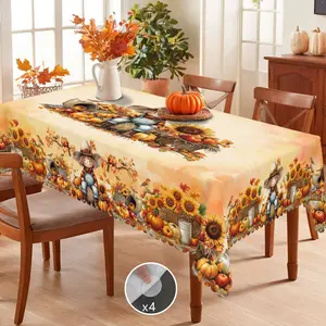 PLUMLIK Fall Harvest Tablecloth with Scarecrow Pumpkin Sunflower Haystack Patterns, Vintage Rectangular Round Table Cover, Autumn Decor Suitable for Thanksgiving Day Indoor Outdoor Holiday Party, Farmhouse Table Decoration, Home Kitchen Accessories White