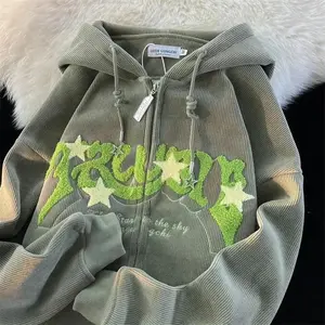 WeiWeiworkoutsetsCorduroyEmbroideryLooseHoodiesWomenAutumnLongSleeveTopsZipperHoodShirtHarajukuY2KClothesFemaleSweatshirtJacketWomenswearComfortGamisCasualPullover