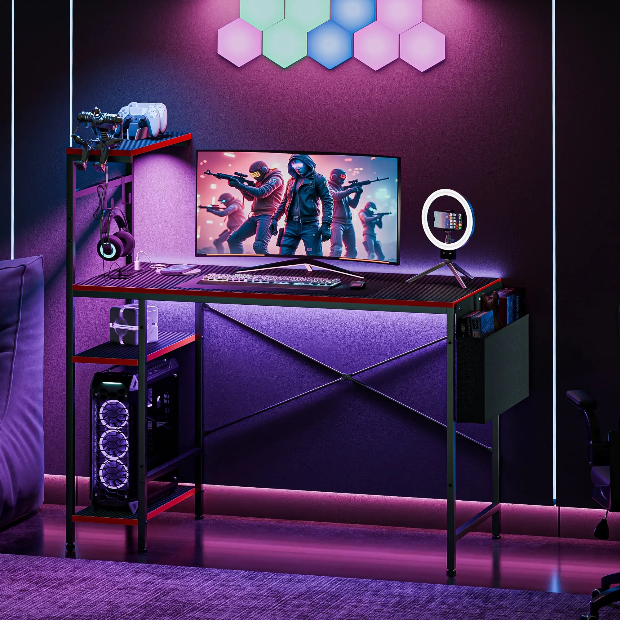44-Inch Carbon Fiber Gaming Computer Desk with Durable Steel Base, Power & USB Ports, LED Lighting, Desk-Included Computer Armoires, Modern Side Table for Office & Commercial Use