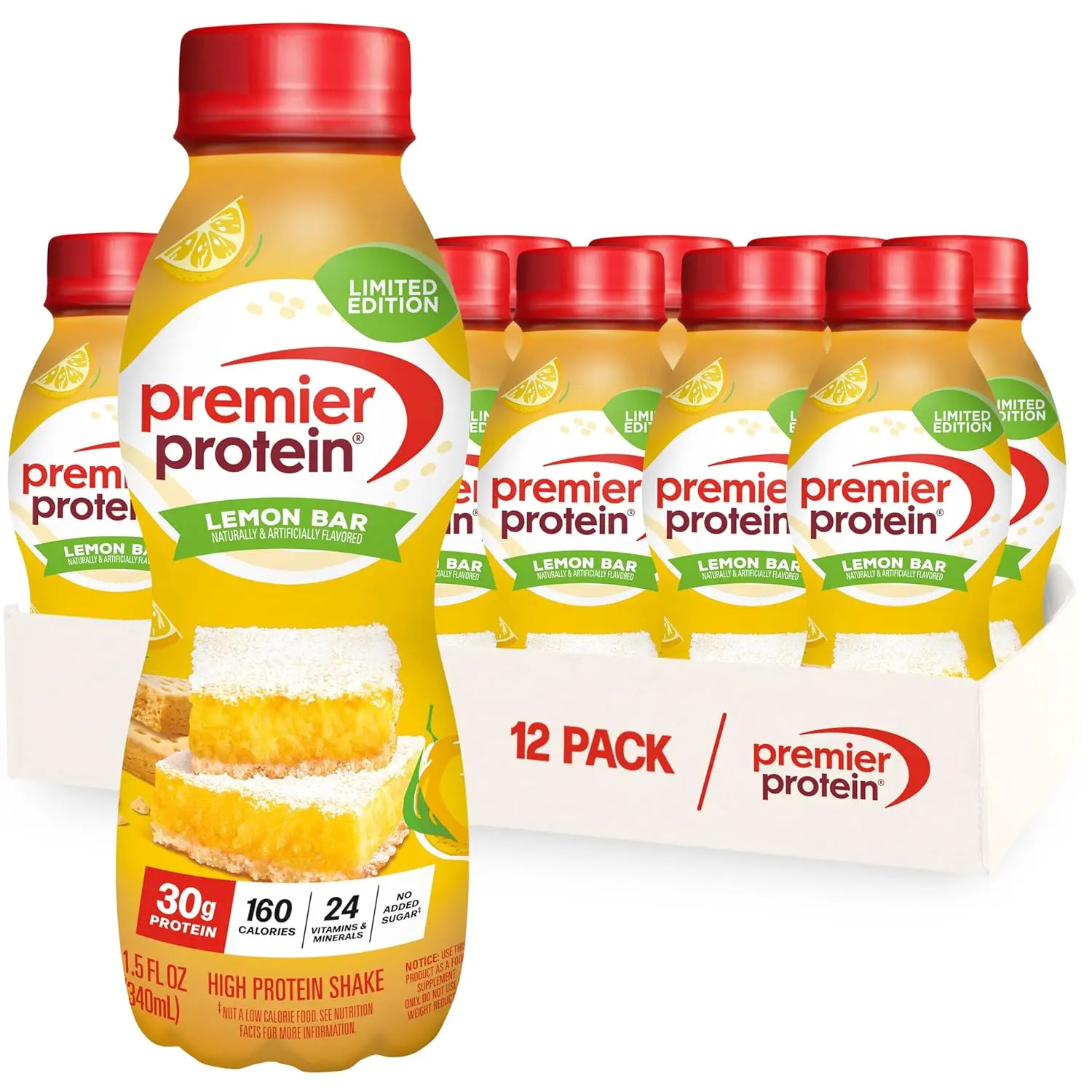 Premier Protein Shake, LIMITED EDITION Lemon Bar, 30g Protein, No Added Sugar, 24 Vitamins & Minerals to Support Immune Health, 11.5 fl oz, 12 Pack