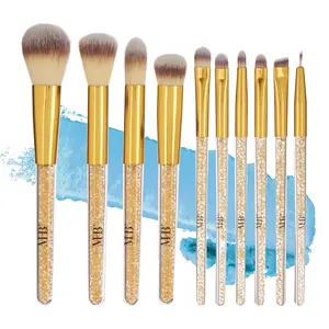 10Pc Pro Makeup Brush Set W/Sparkling Gemstones in Gold - 10 Quality Soft Bristle Makeup Brushes for Everyday Use - Professional Makeup Brushes & Tools Almar Sales Company