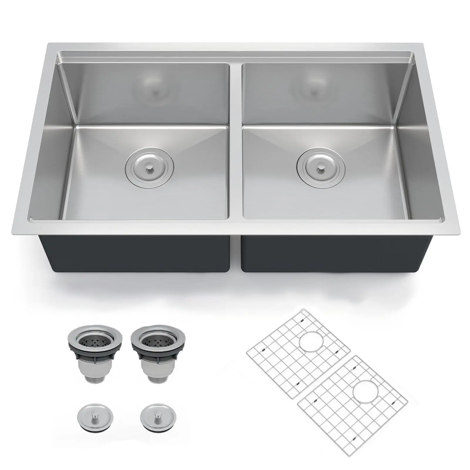 36x19 Inch Undermount Kitchen Sink, Double Bowl with Drainboard, 16 Gauge 304 Stainless Steel, 10" Deep, includes Bottom Grid & Drain Assembly