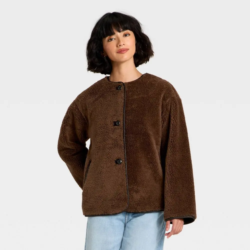 Women's Faux Sherling Coat - Polyester Fabric, Stylish Design, Fur-Accented Sleeves, Casual Outerwear