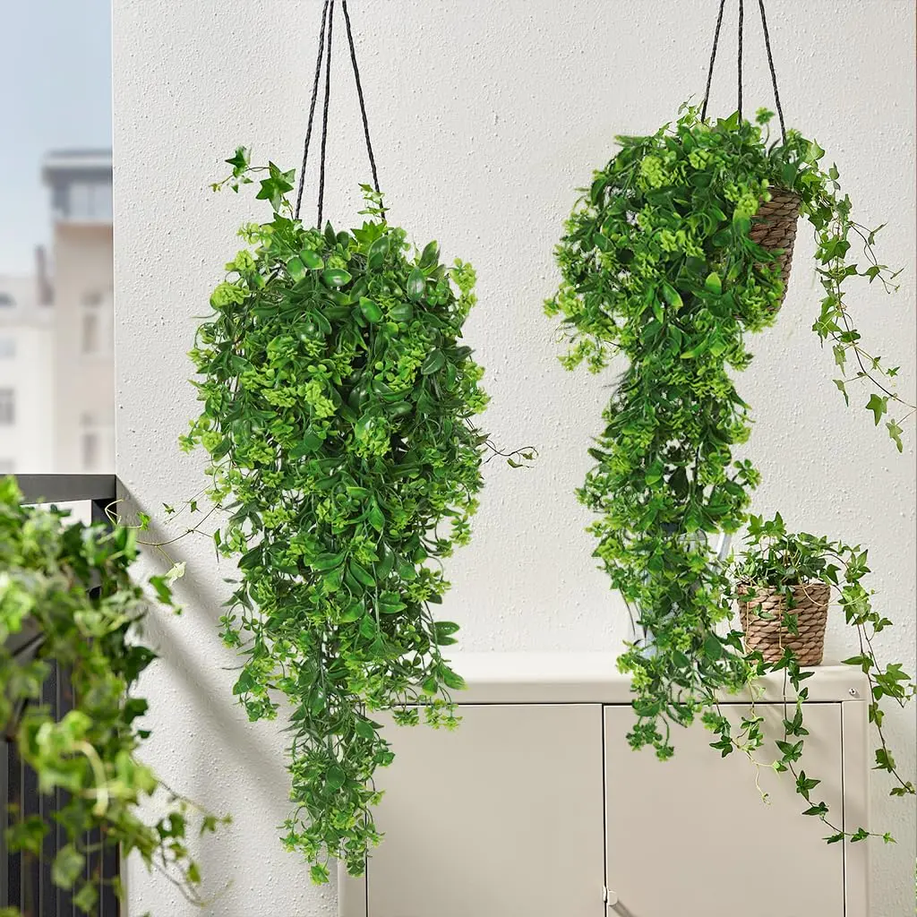 2-Pcs Faux Hanging Basket Artificial Plants Decor - UV-Resistant Plastic Fake Vines with Waterproof Iron Frame, Realistic Greenery, Wedding & Wall Home Decor for Outdoor-Indoor Gardens, No Watering Needed