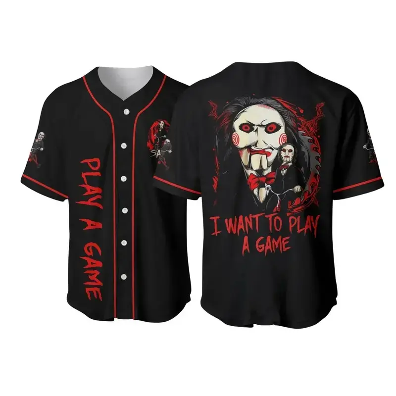 Saw Jigsaw Billy the Puppet Baseball Jersey, I Want To Play A Game Horror Movie Graphic Button Down Shirt, Halloween Slasher Costume Unisex Sports Top Fan Gift