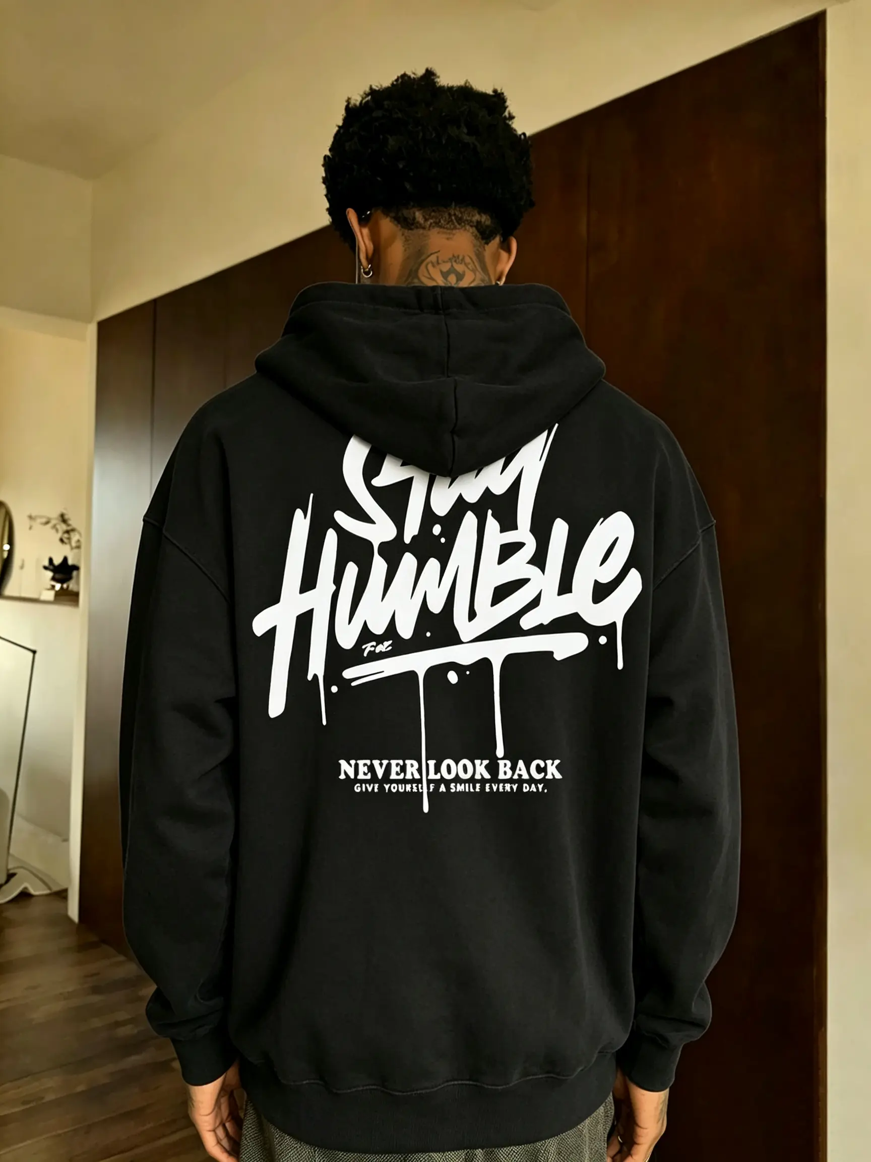 Streetwear hoodie “Stay Humble Drip” graffiti back print hooded sweatshirt, oversized fit, unisex American hip hop casual jumper