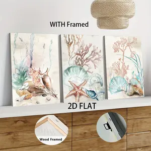 3pcs Framed  Handmade Watercolor Seashell Canvas Wall Art 8x10 Inch with Wooden Frame Modern Minimalist Nautical Decor for Living Room Bedroom Bathroom Coastal Home Decoration Ready to Hang 2D Flat h
