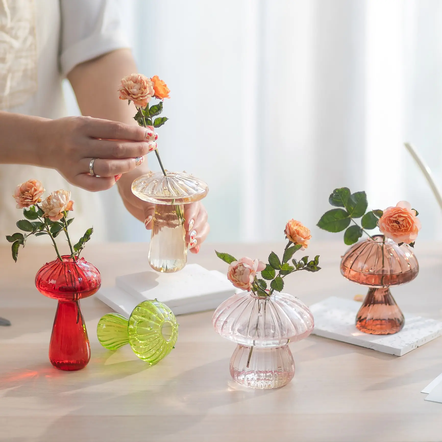 Nuptio Whimsical Colorful Mushroom Glass Vase - Funky Quirky Home Decor Piece, Mini Cute Hydroponic Indoor Windowsill Propagation Planter, Room Table Bouquet Display Vase, Mother’s Day Gift, Decorative Vase