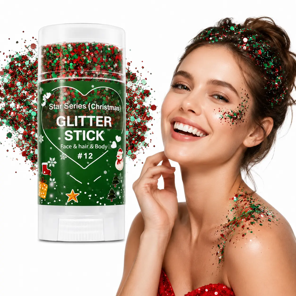 Christmas Glitter Stick for Face Hair Body, Red Silver Green Chunky Sparkling Glitter Makeup, Christmas Party Costume Accessories, Christmas Gifts for Women Girls