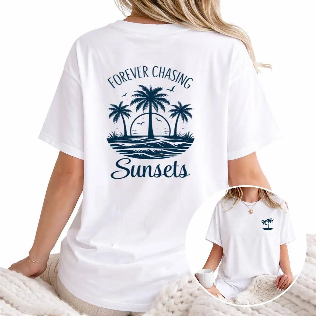 Women's Short Sleeve Graphic T-Shirt - Trendy Sporty Chic Streetwear Fashion Apparel, Forever Chasing Sunsets Palm Tree Beach Print, Summer Coastal Casual Tee for Vacation Travel, Tshirt, T Shirts For Women, Lady, Travel Wear