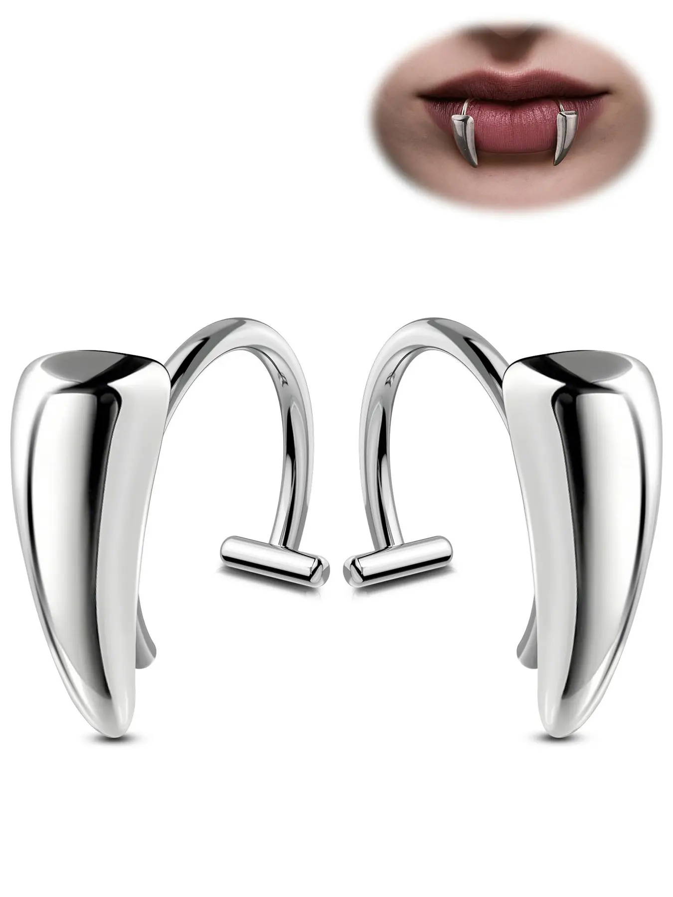2PCS Vampire Fangs Fake Lip Rings, Stainless Steel Lip Cuff Piercing Jewelry Hoops, Chic Body Jewelry, Adjustable Fit Faux Non-Piercing Labret Piercing Jewelry For Women Men Silver Black Halloween Punk Aesthetic Side Labret Jewelry