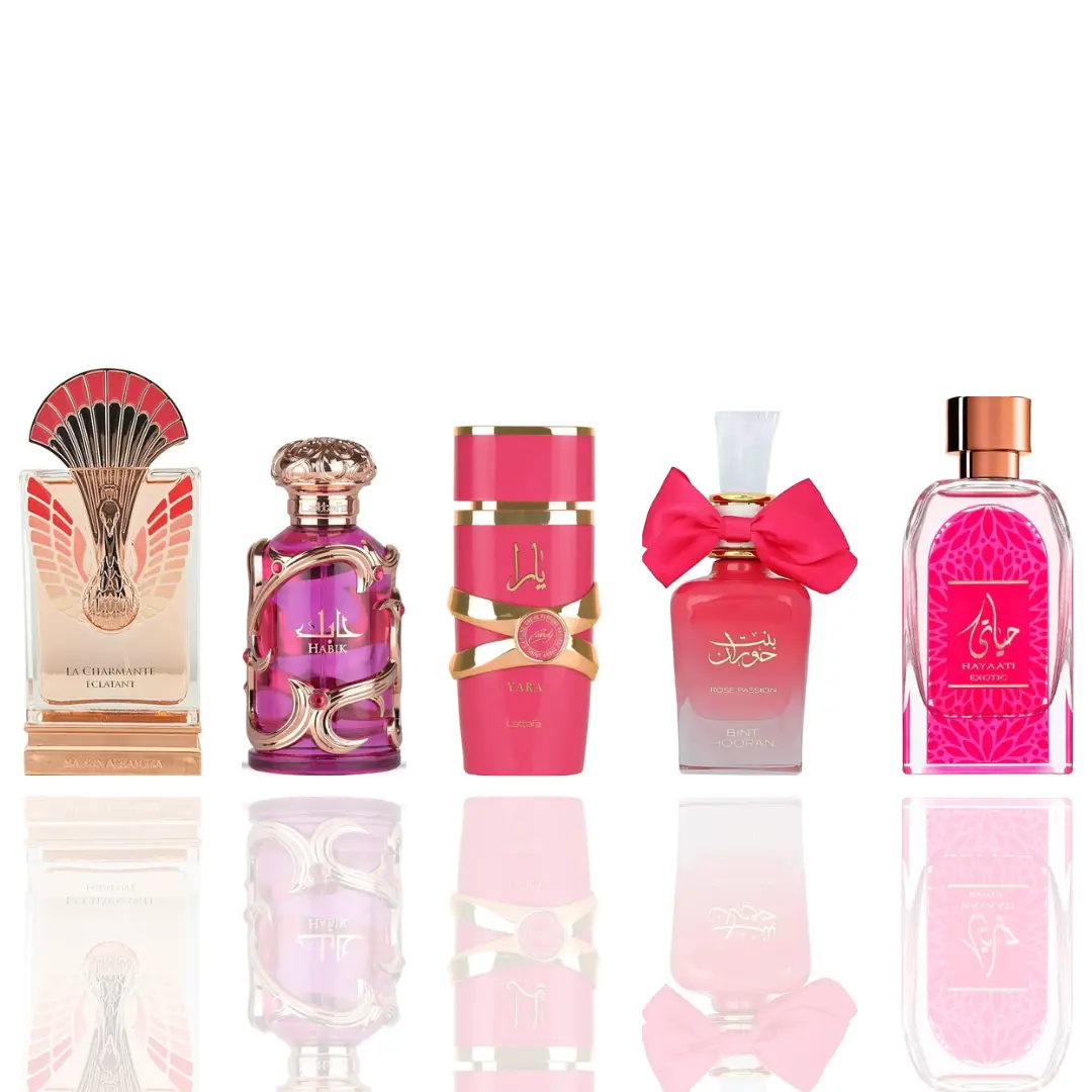 Lattafa Women's Fragrance 5-Pieces Bundle - La Charmante Eclatant, Habik, Yara Candy, Bint Hooran Ross Passion, Hayaati Exotic Women Perfumes with Balanced Scents & Elegant Mix, Luxurious Perfume, Perfumes Glam