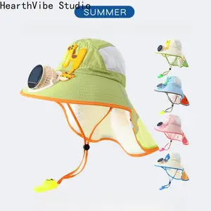 Children's Solar-Powered Fan Hat with Sun-Protection Shawl — Wide-Brimmed Mesh Sun Hat for Boys and Girls (Outdoor Use)