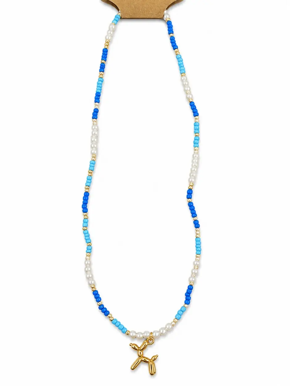 Colorful bead w/ Silver Balloon Dog Charm Necklace