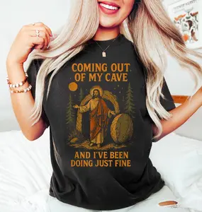 Jesus Coming Out of My Cave Shirt, Funny Easter Christian Tee, Faith Humor Graphic T-Shirt, Religious Meme Shirt Trendy Gift