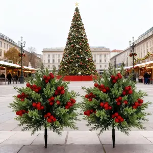 2-piece Set, High-end Artificial Pine Needle Christmas Tree with Ground Stake and Red Berries, Suitable for Winter Indoor and Outdoor Decoration, Home, Hotel, Garden, Office, Ground Display, Outdoor Artificial Greenery with Ground Stake, Outdoor Christmas