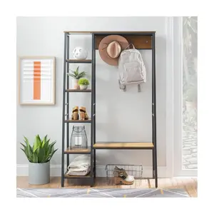 Linon Avery Metal Hall Tree with Shelving and Bench