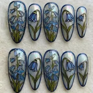 Bluebell Morning Stained Glass - Luxury 3D Press-On Nails | Iridescent Opal & Blue Botanical Nail Art