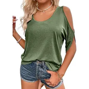 Imily Bela Women Cold Shoulder Top Summer Scoop Neck Short Sleeve Casual Loose Fit Tunic Shirt
