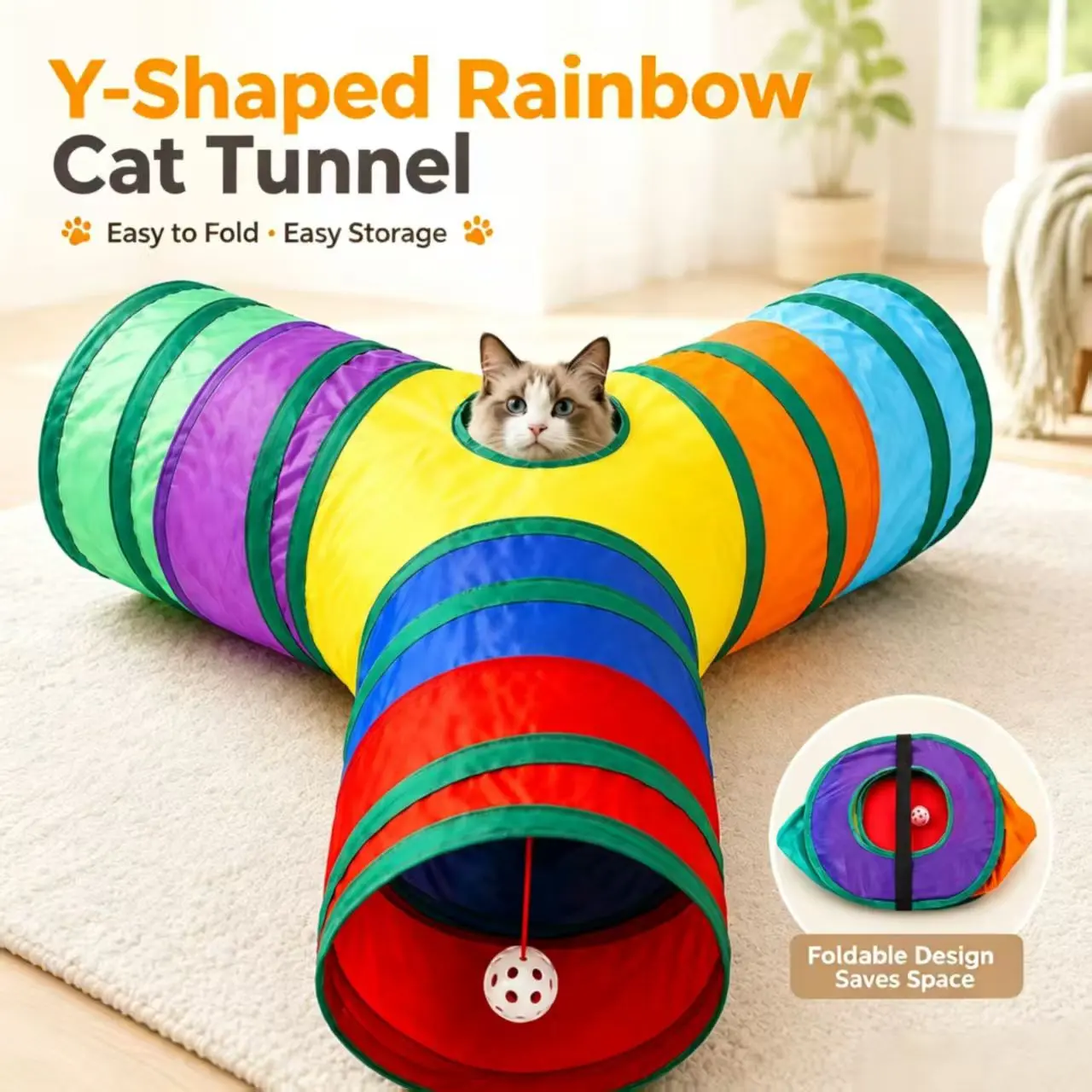 Y-Shaped Rainbow Cat Tunnel Foldable Multi-Functional Cat Passage Self-Amusement Stress Relief Calming Energy Consuming Cat Hole Toy,Cats and Rabbits Interactive Training Play Tube or Tunnels - Perfect for Exercise and Playtime