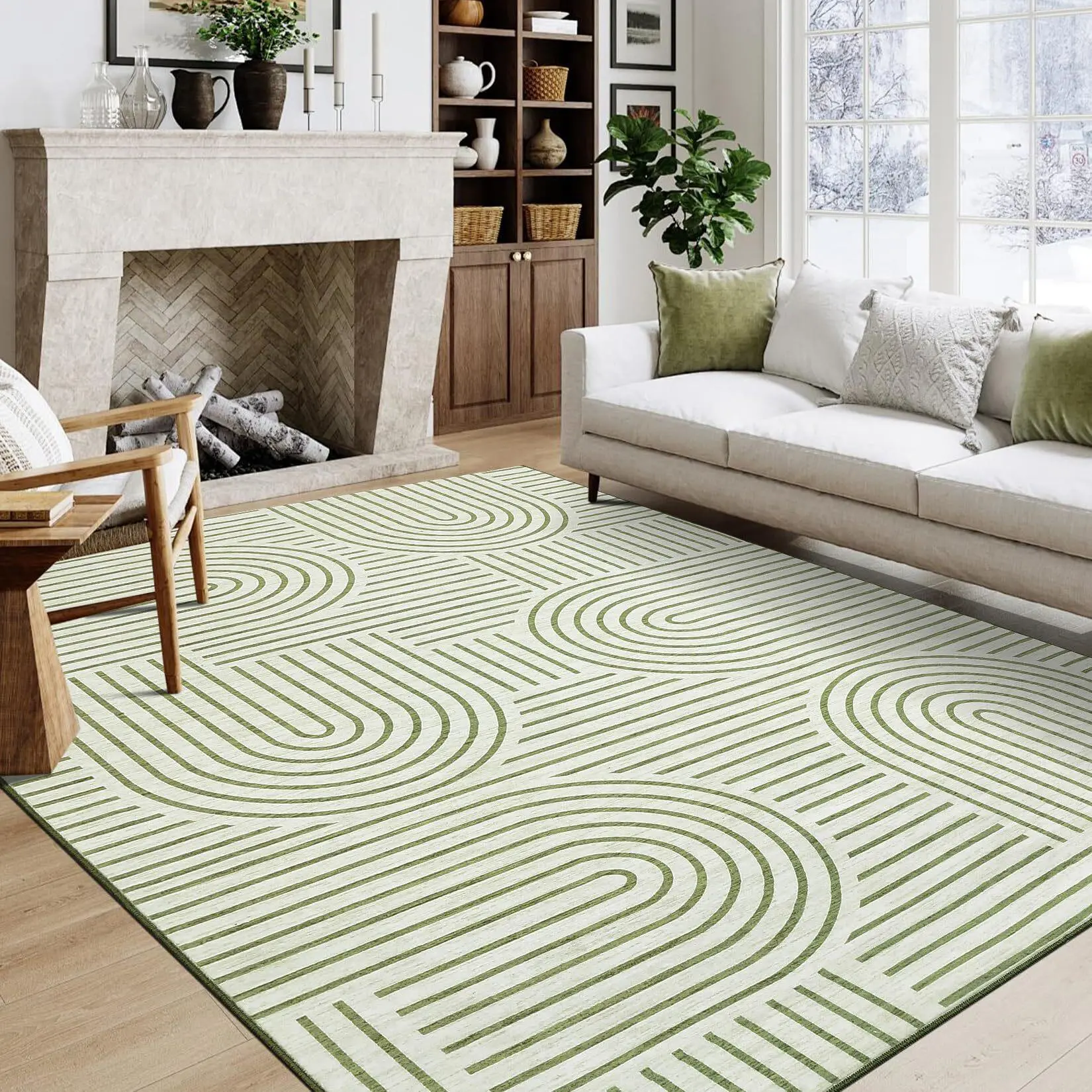 Modern Rainbow Striped Abstract Area Rug 8x10 - Low Pile, Machine Washable, Stain Resistant, Non-Slip Backing, Non-Shedding - for Living Room, Bedroom - Green Decorative Indoor Furniture Rug, Abstract Area Rugs, Low Pile Rugs, Decorative Area Rug
