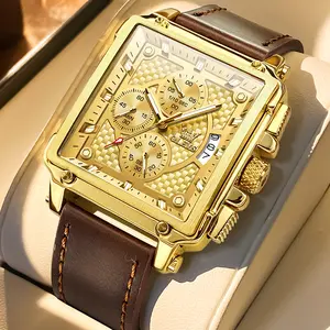 OLEVS Watch For Men, Fashion Quartz Wristwatch, Square Dial, Luminous Hands, Chronograph, Date Display, 3ATM Water Resistance, Leather Strap, Men's Business Quartz Watch 9925