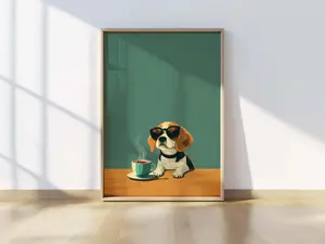 Beagle Coffee Bar Cart Print Emerald Green Dog Wall Art Retro Puppy Kitchen Decor Quirky Coffee Poster Funny Pet Lover Gift