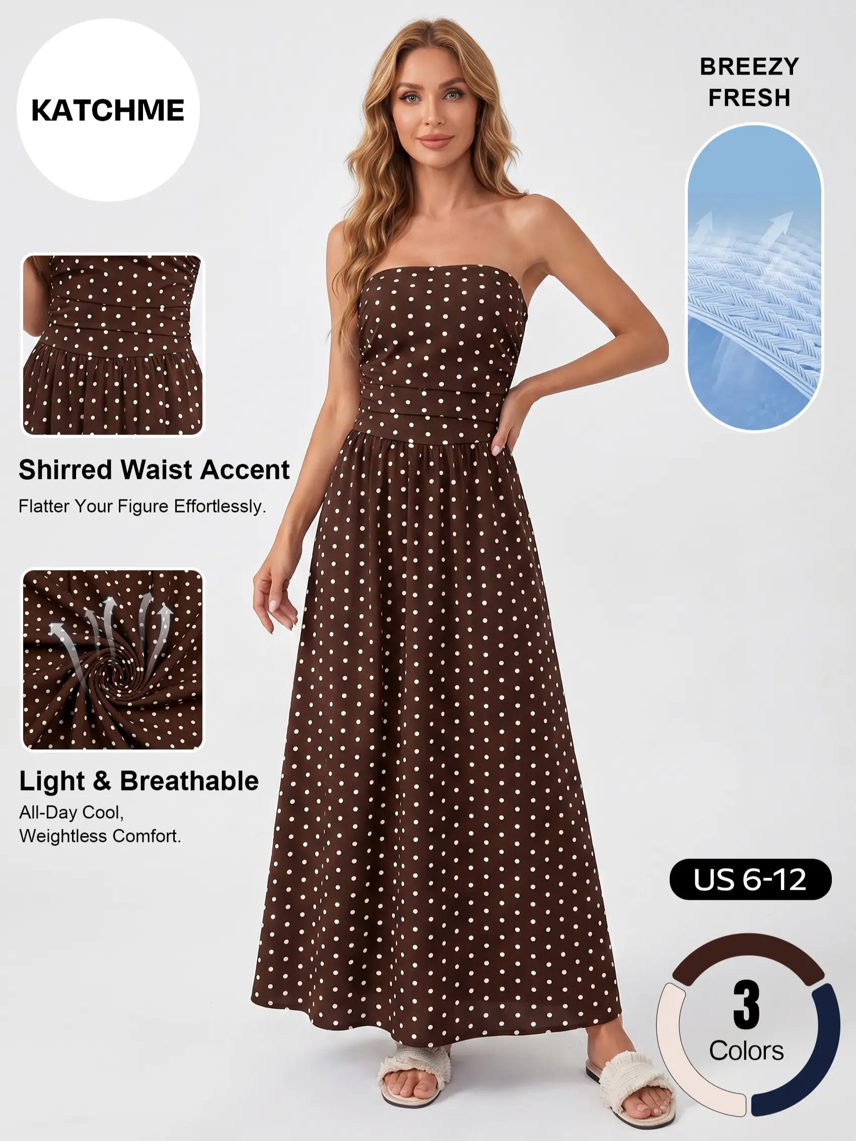 Katch Me Chic Women's Elegant Polka Dot Cinched Waist Maxi Tube Dress, Summer Breathable Flattering Pleated Dress for Beach Holiday, Skin-Friendly Backless Daily Outfit