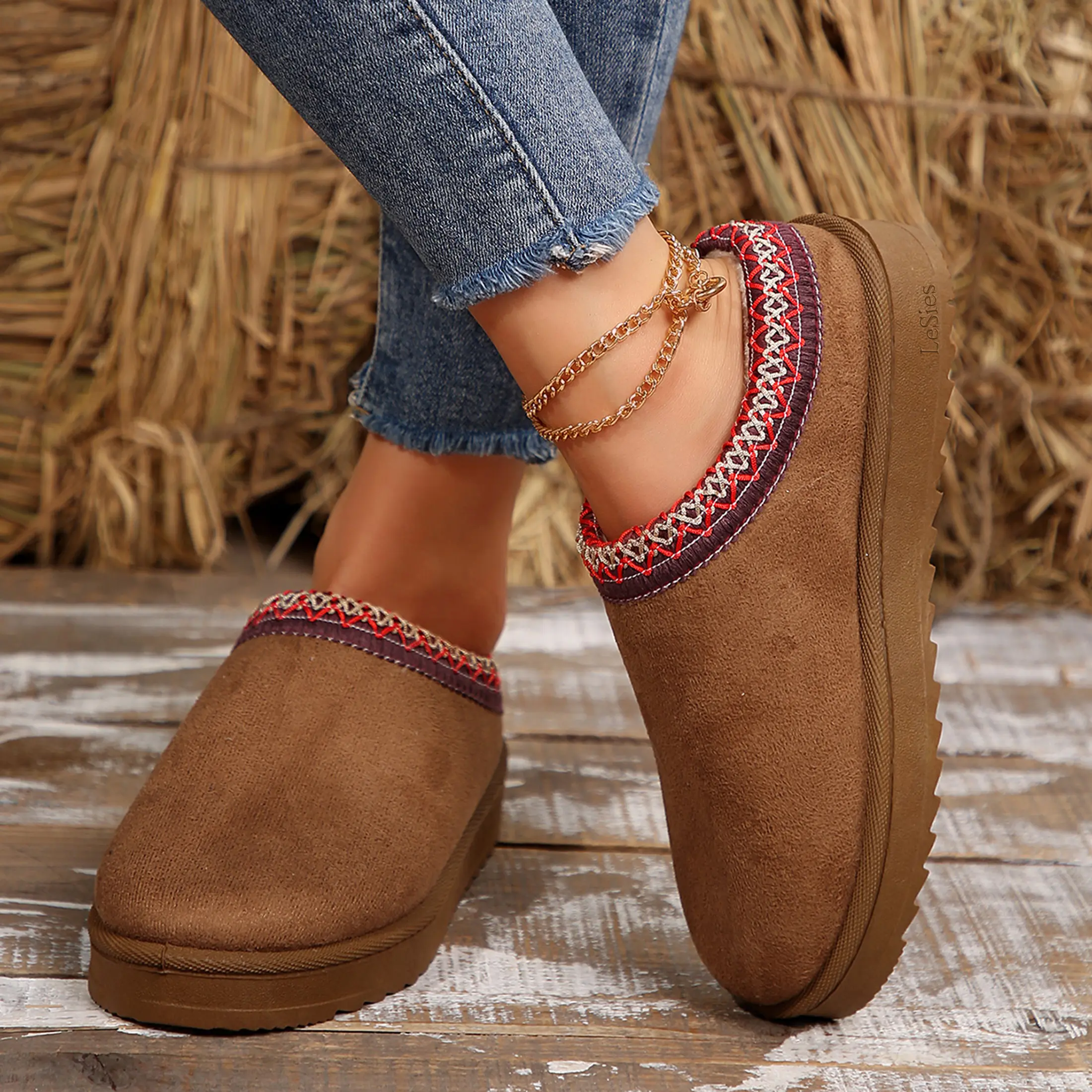 Women's Slippers Platform Mini Boots For Women Suede Leather Indoor/Outdoor Anti-Slip Slipper Comfy Fleece Lined Sneakers Short Ankle Boot Springfresh