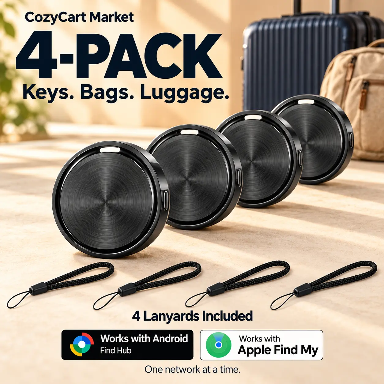 ROEL-PLAY Finder Duo iOS and Android Air Tracker Tags 4 Pack Bluetooth Tracker with Replaceable Battery 1 Year Battery Life and No Monthly Fee Compatible with Apple Find My or Find Hub App Item Finder Smart Tag for Keys and Luggage tiktokshopstockup