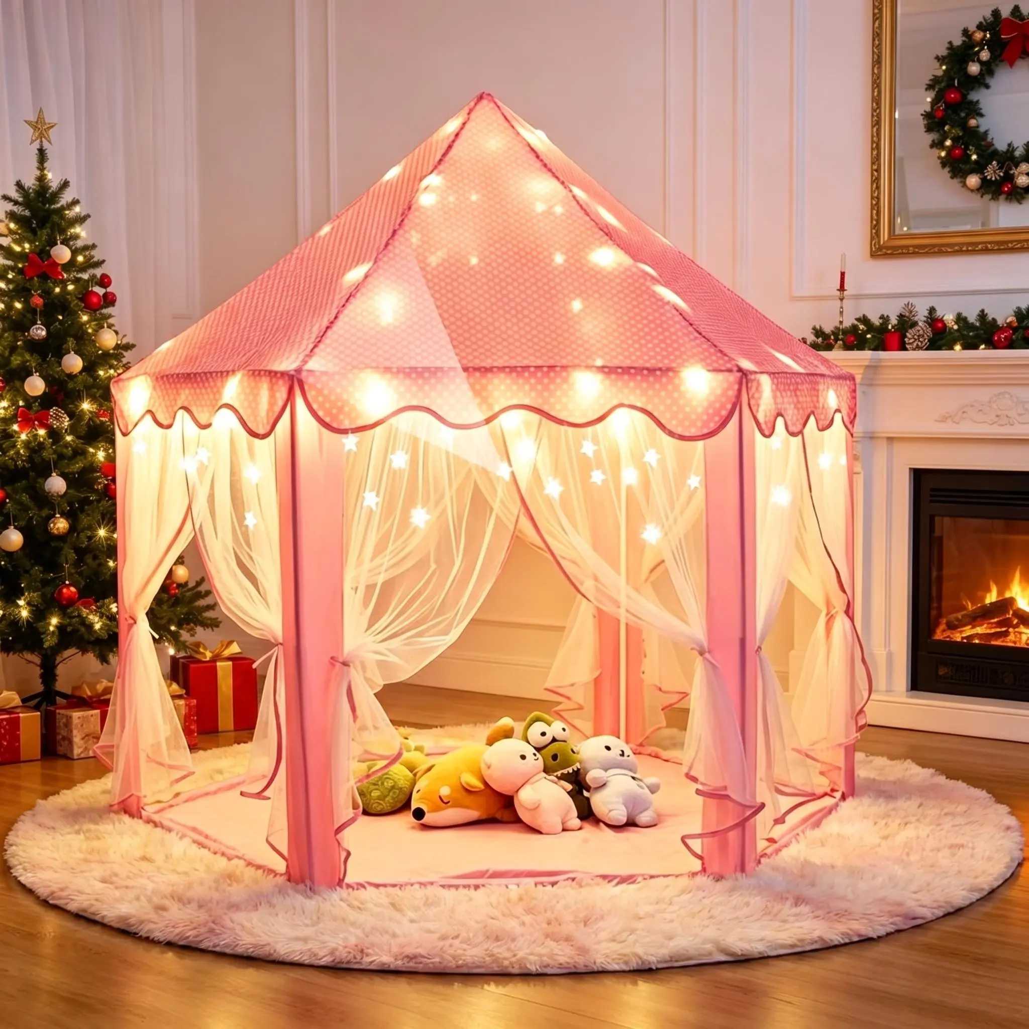 【FathersDayGift】Princess Castle Tent for Girls, Hexagon Kids Play Tent with Fairy Star Lights, Indoor Outdoor Playhouse, Princess Toy for Toddlers, Perfect Christmas Birthday Gift for Little Girls Portable Play Area