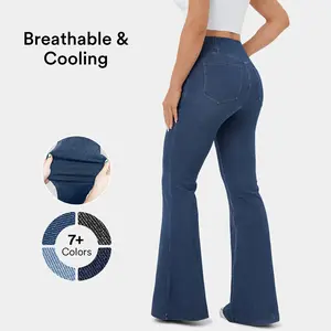 Halara Flex High Waisted Crossover Pocket Cool Touch Washed Stretchy Knit Casual Super Flare Jeans Denim Pants