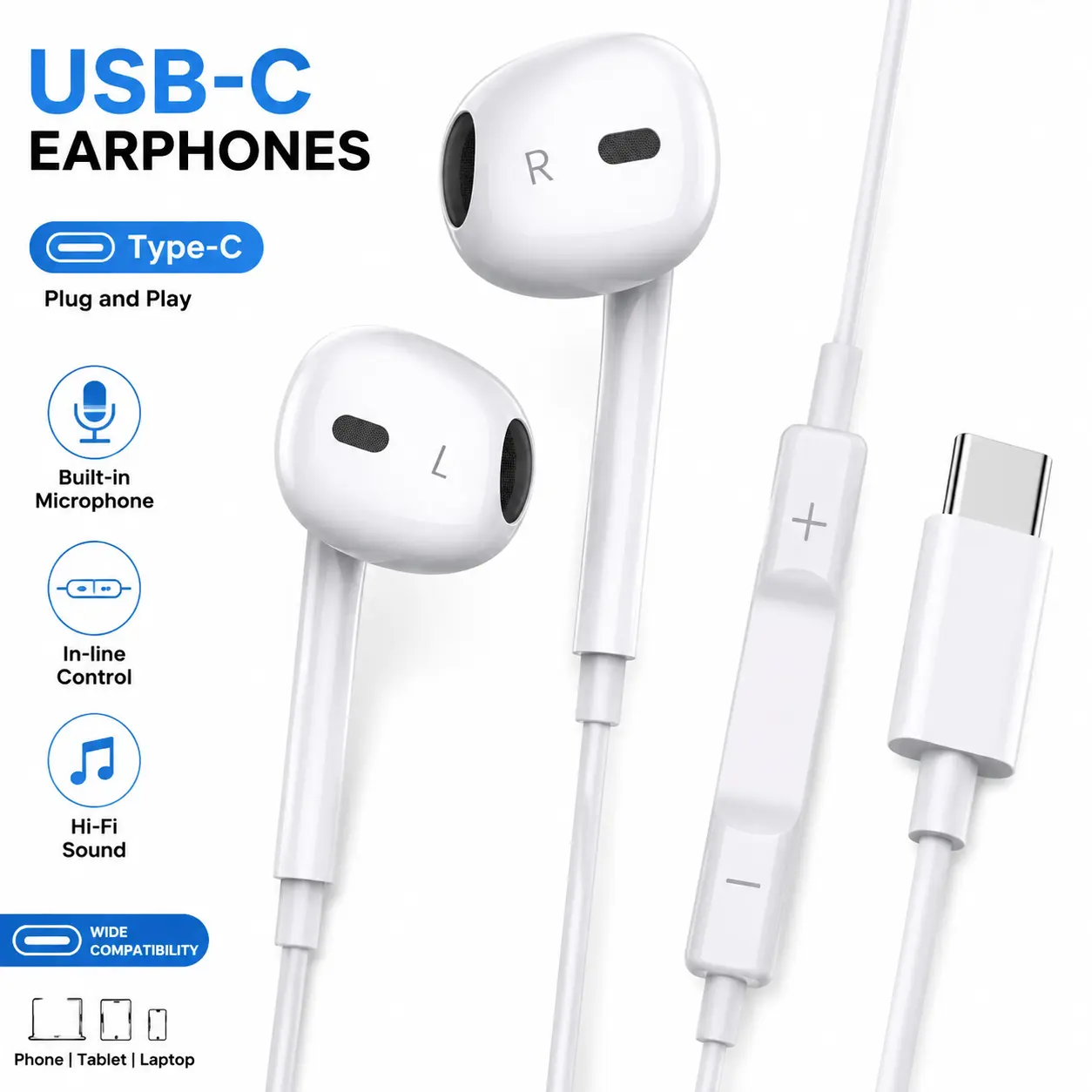 USB-C Headphones with Mic & Volume Control- HiFiStereo Earbuds for iPhone 1717 Pro/16/15, Samsung S25/S24/S23, Pixel 10/9, OnePlus & USB-C Phones