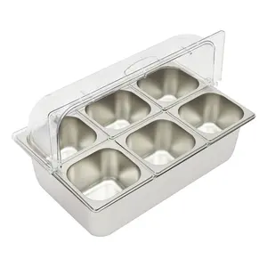 Stainless Steel Ice Food Serving Display Tray with 6 Pans for Buffet Restaurant Sushi Seafood Salad Cold Display Catering Party