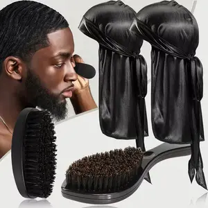 360 Wave Brush Kit for Men with 2pcs Durag Caps - Black, Hard Brush, Hair Styling Brush, with ABS Handle for 360 Waves Brush, Made with Reinforced Nylon Bristles for Boyfriend & Father Gift, Christmas Gift